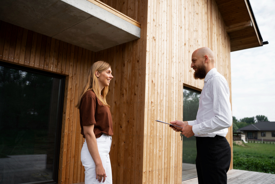un agent immobilier et une femme discute devant une maison