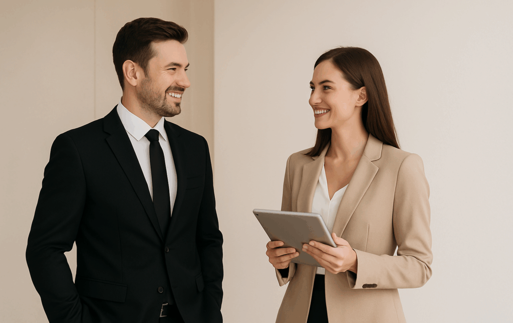 Un homme est une femme se tiennent debout ce sont des agents immobiliers