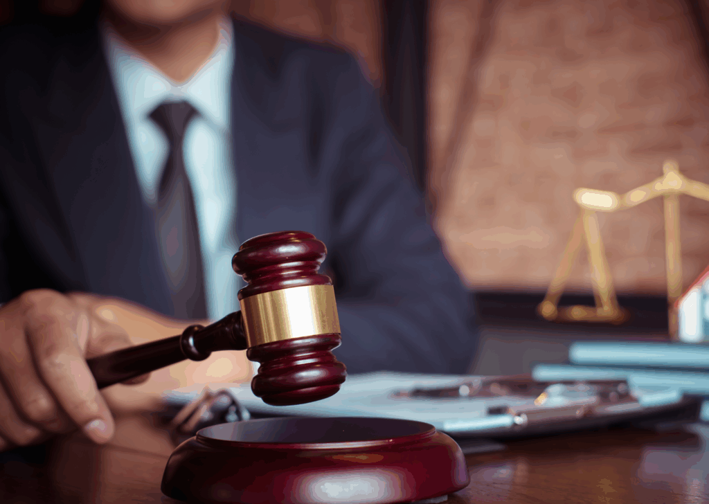 Un juge en costume tient un marteau de justice dans un bureau, symbolisant l'autorité judiciaire et la prise de décision légale.