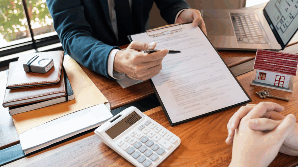 Un homme tient un contrat pour faire faire un leasing à un acheteur, ils sont sur un bureau il y a pas mal de document et une calculatrice