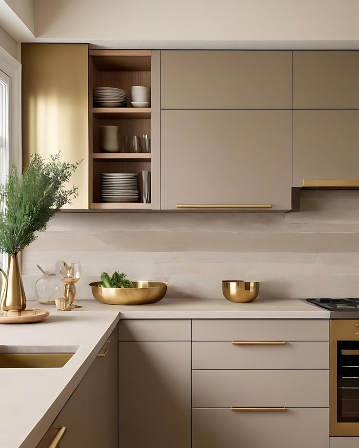 On aperçois une cuisine dans les couleurs beige et blanche, la cuisine est très moderne, minimaliste, la décoration est doré et il y a une petite plante verte
