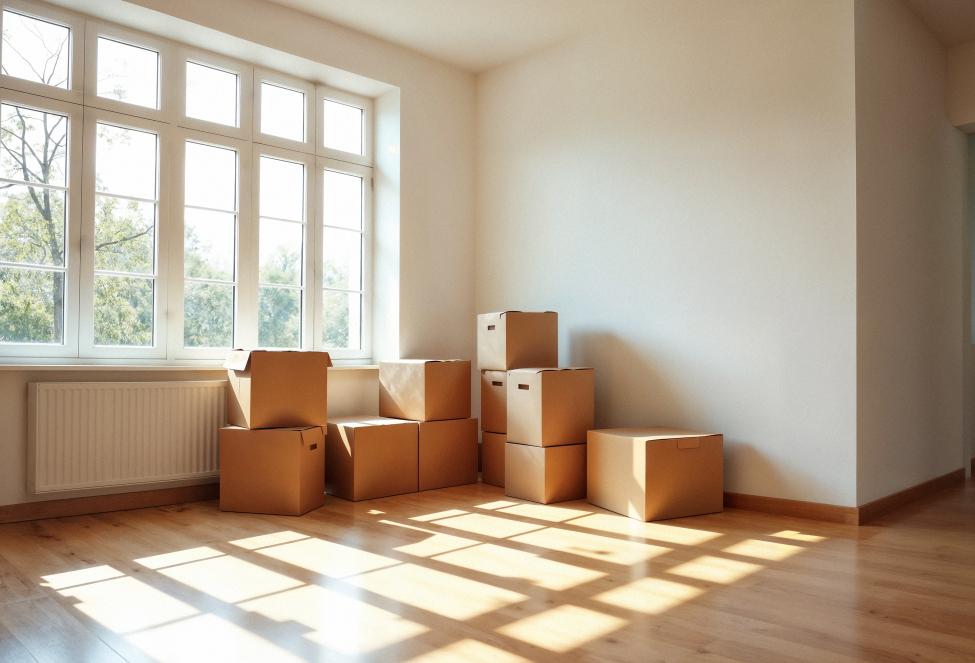 Pile de cartons dans une pièce vide