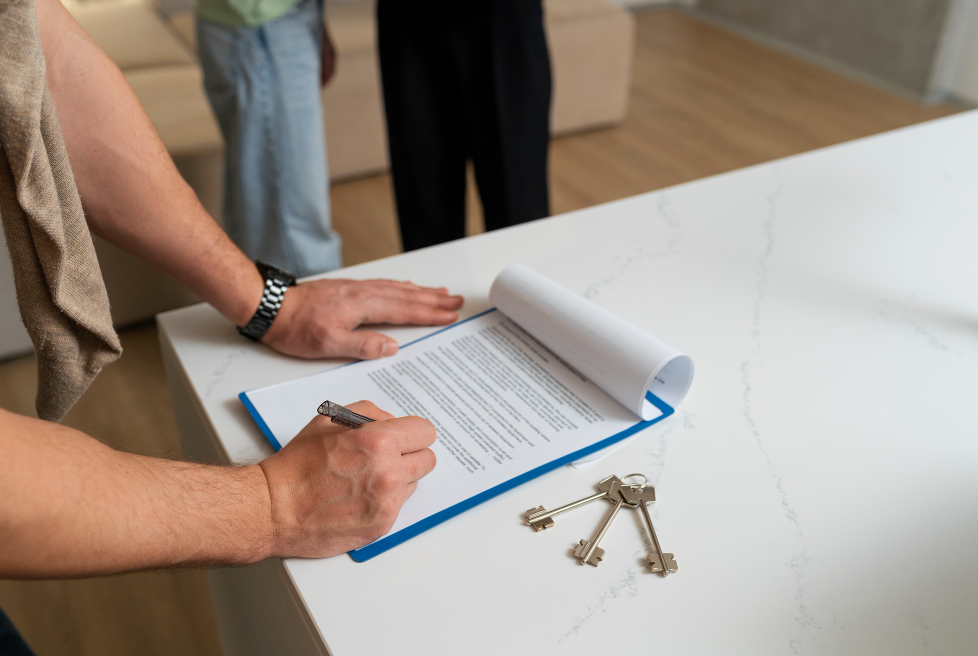 un homme signe les papiers d'achat d'une maison